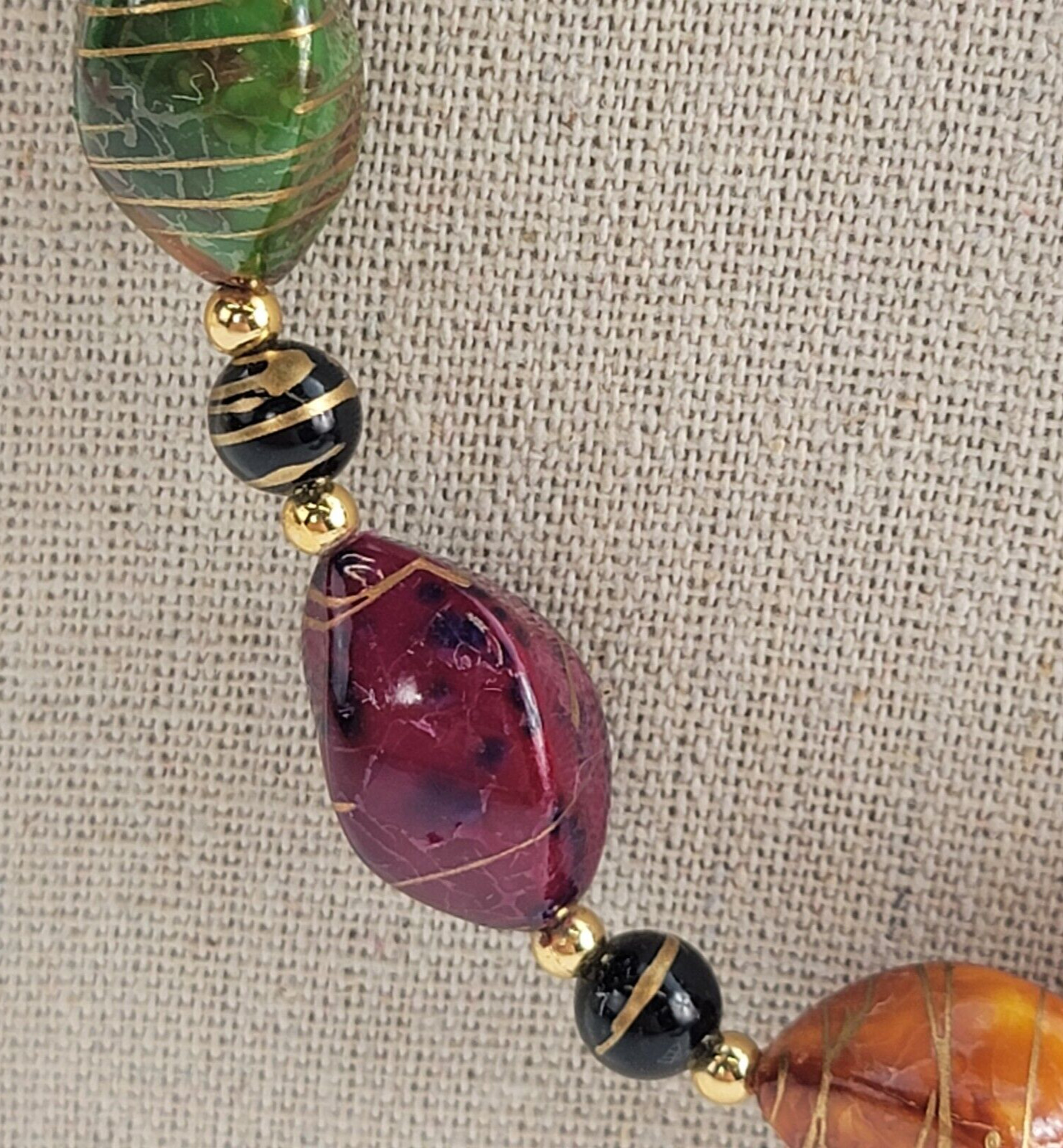 Vintage Colorful Twisted Plastic Bead Necklace Gold-Tone Detail 23.5 in