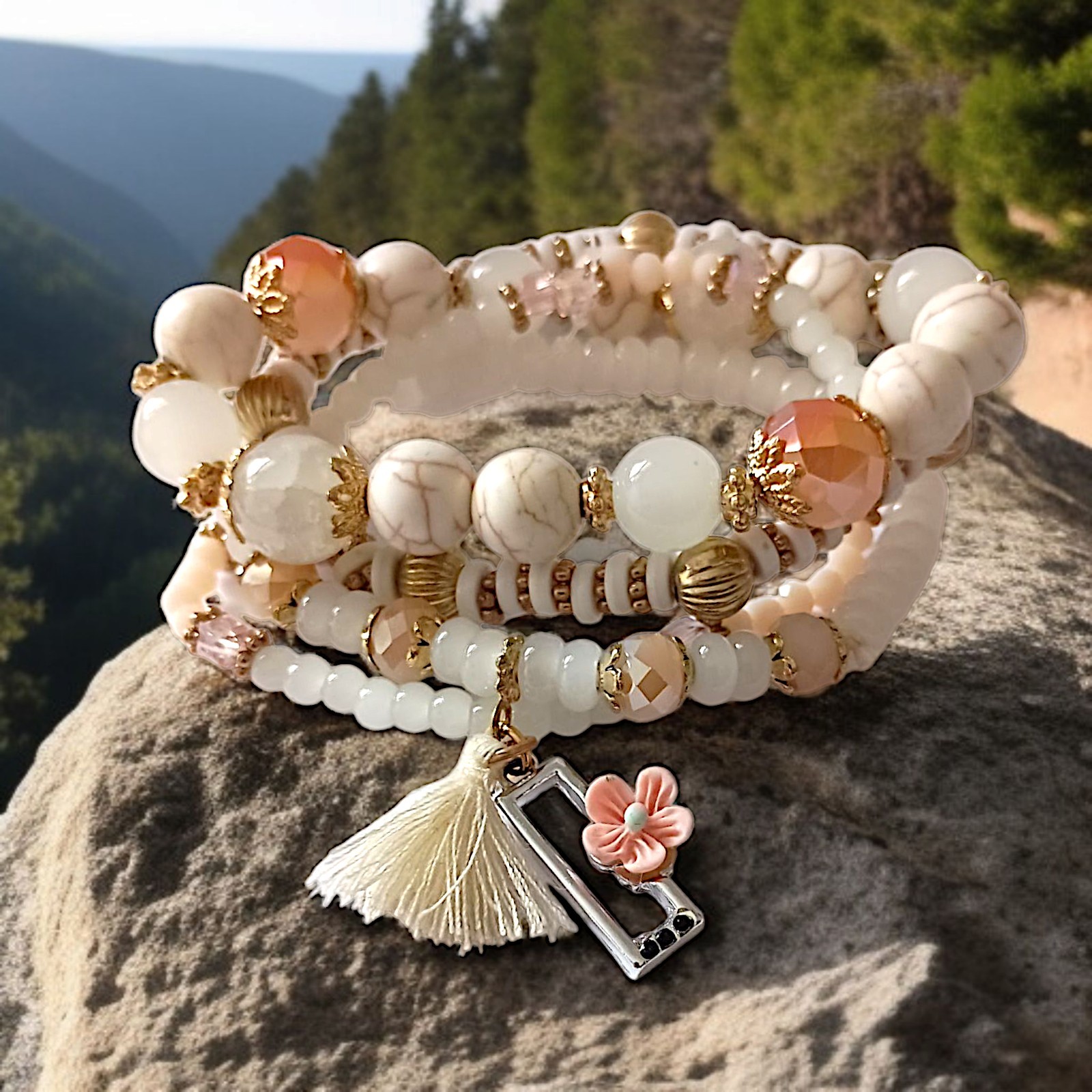 Y2K Multi Strand Beaded Bracelet Glass Stacked Floral Neutrals Fairy Indie Boho