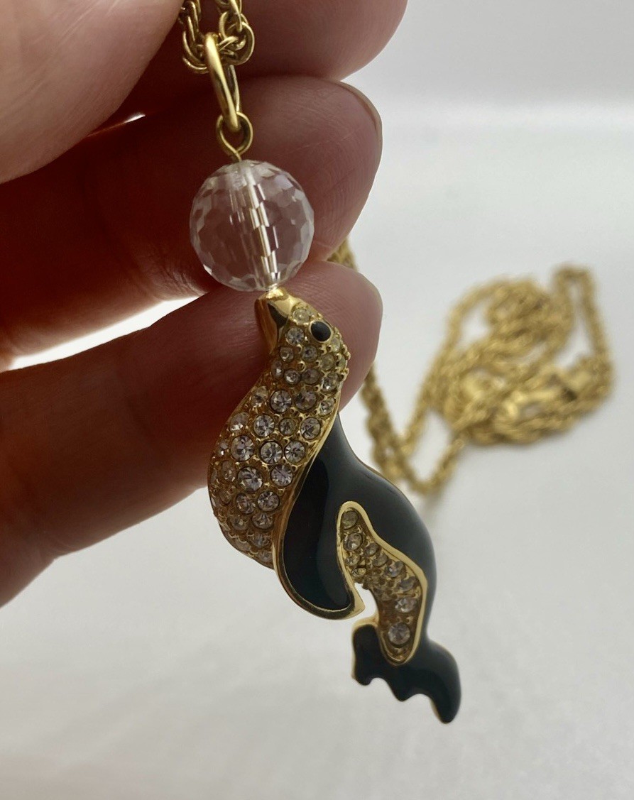 Signed Vintage Swarovski Sea Lion/Seal with Ball Pendant and Chain 24”.