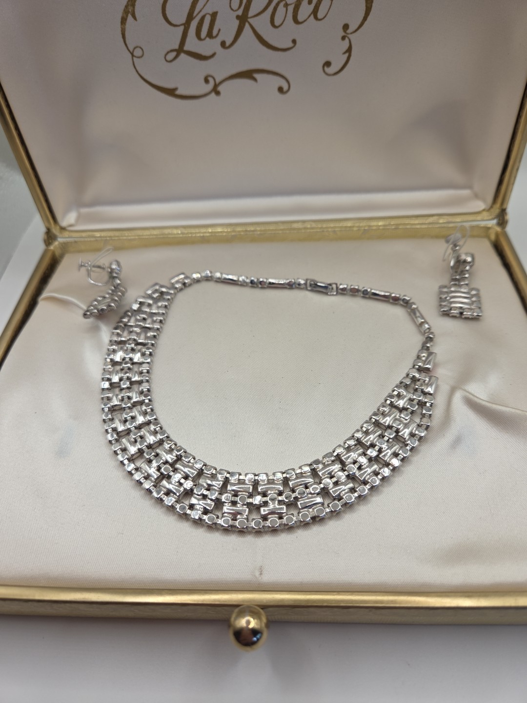 La Roco 1950’s Triple Row Baguette Collar Crystal Pink White Rhinestone Set Box
