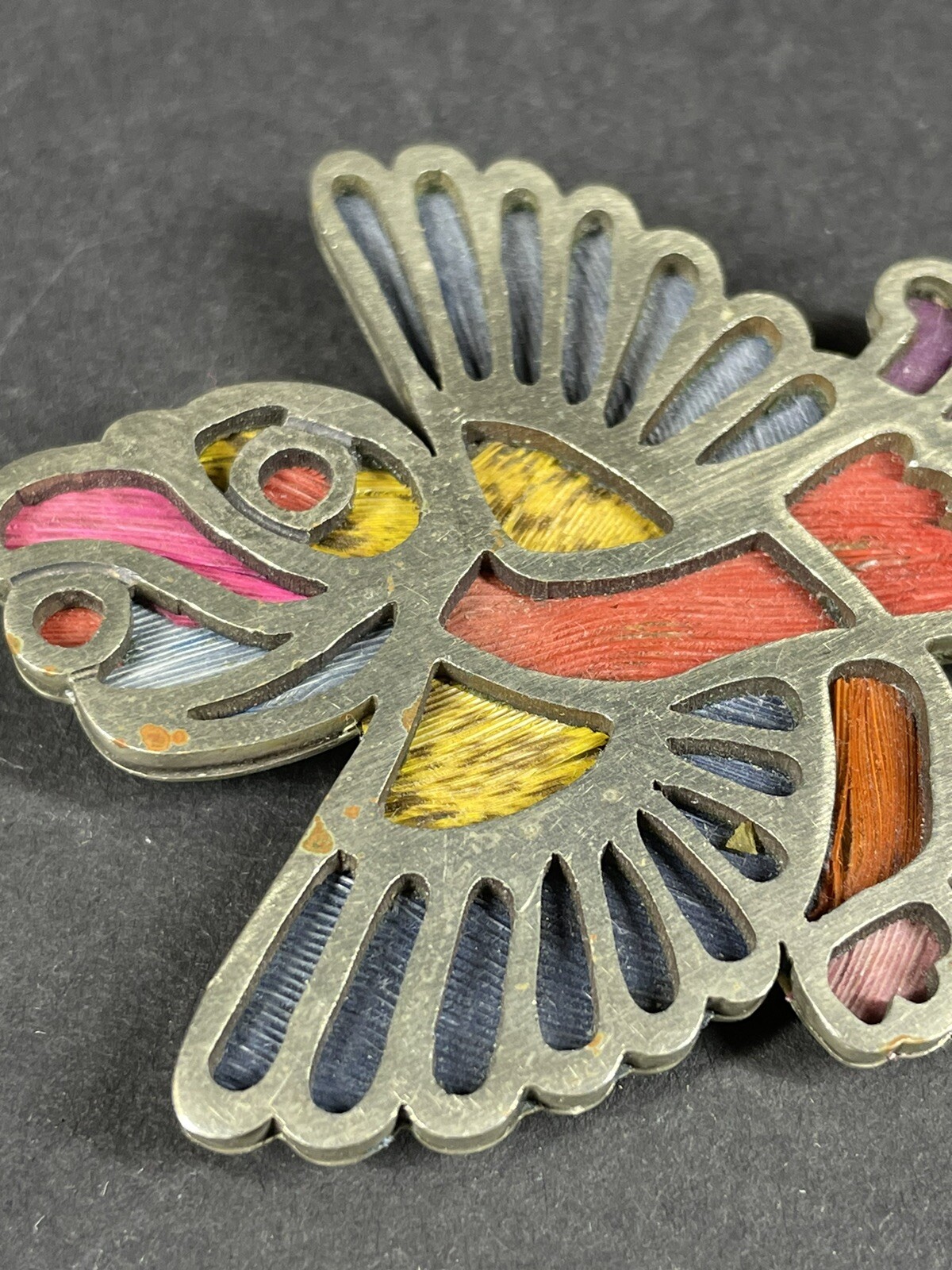 Vintage Los Castillo Pluma Azteca Exotic Silver-plated & Feather Bird Brooch