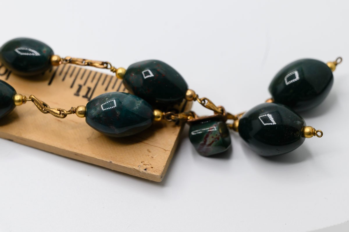 Gold Tone Necklace Green Bloodstone Agate natural stone