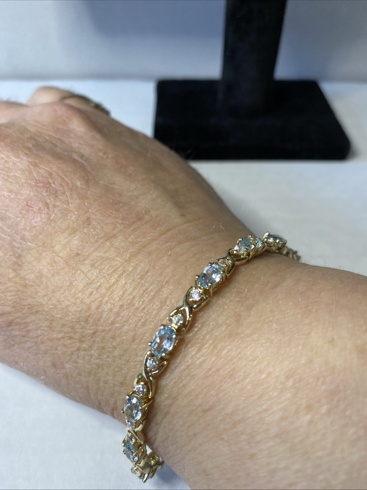 Vintage DBJ Gold Vermeil 925 Silver Blue Topaz CZ Tennis Bracelet 7.25″ Long
