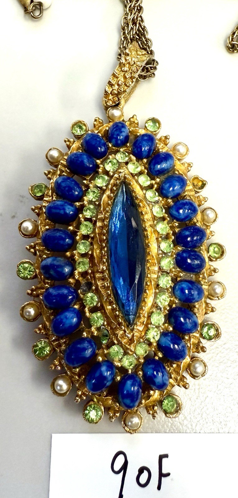 Vintage Gold Tone Pendant Necklace Signed Korea Blue Art Glass Regency Style