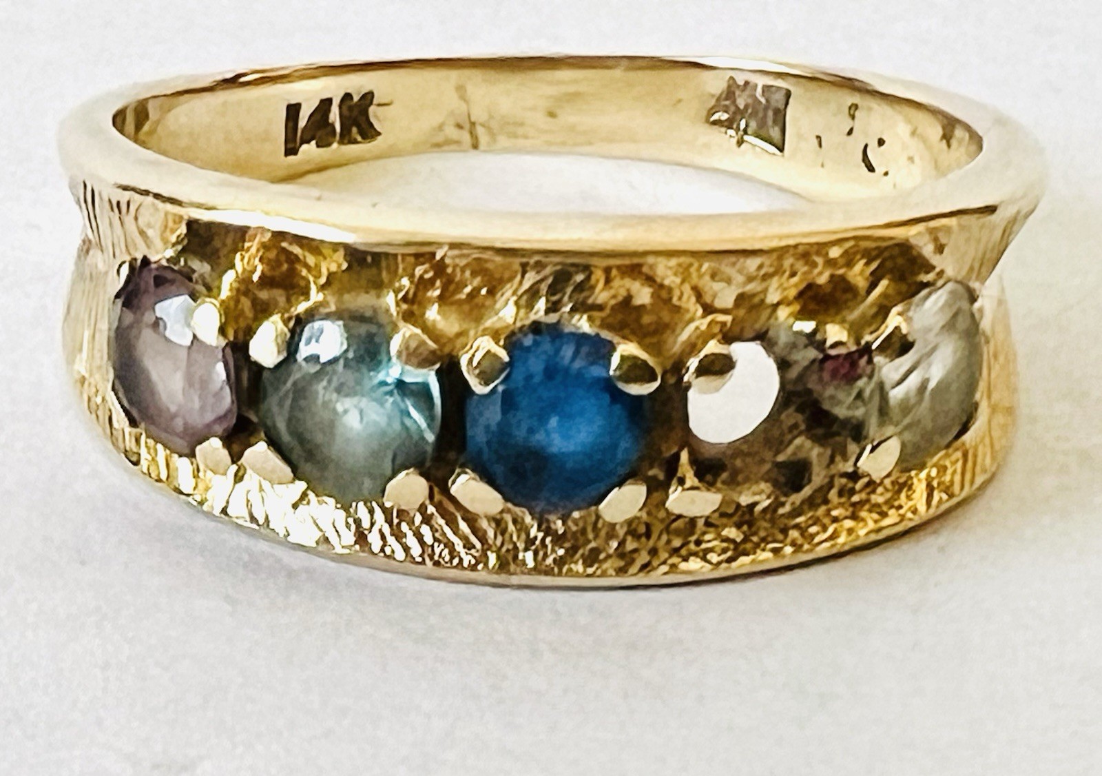 Vintage 14k Yellow Gold 5 Gem Stone 1 Missing MOTHERS Band Ring 3.6 Grams Sz 8