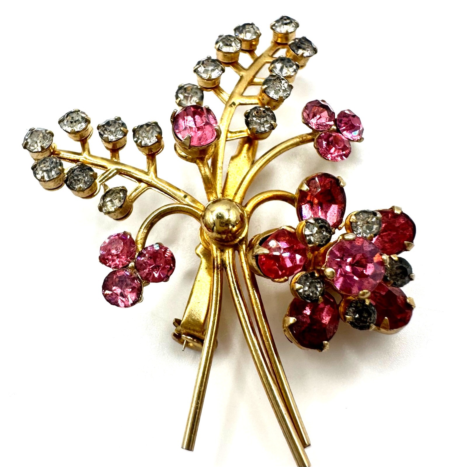 Vintage gold tone pink clear rhinestones flowers floral bouquet brooch pin