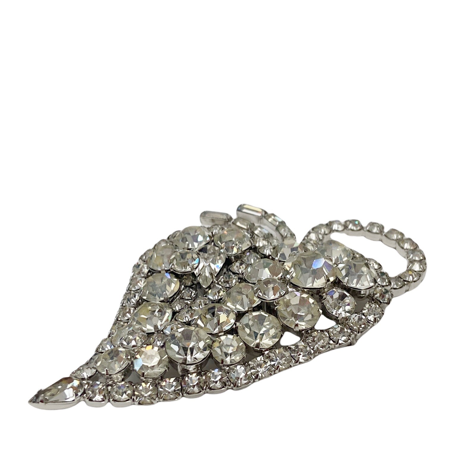 Vintage Large Clear Glass Rhinestone Crystal Prong Set Leaf Brooch Pin