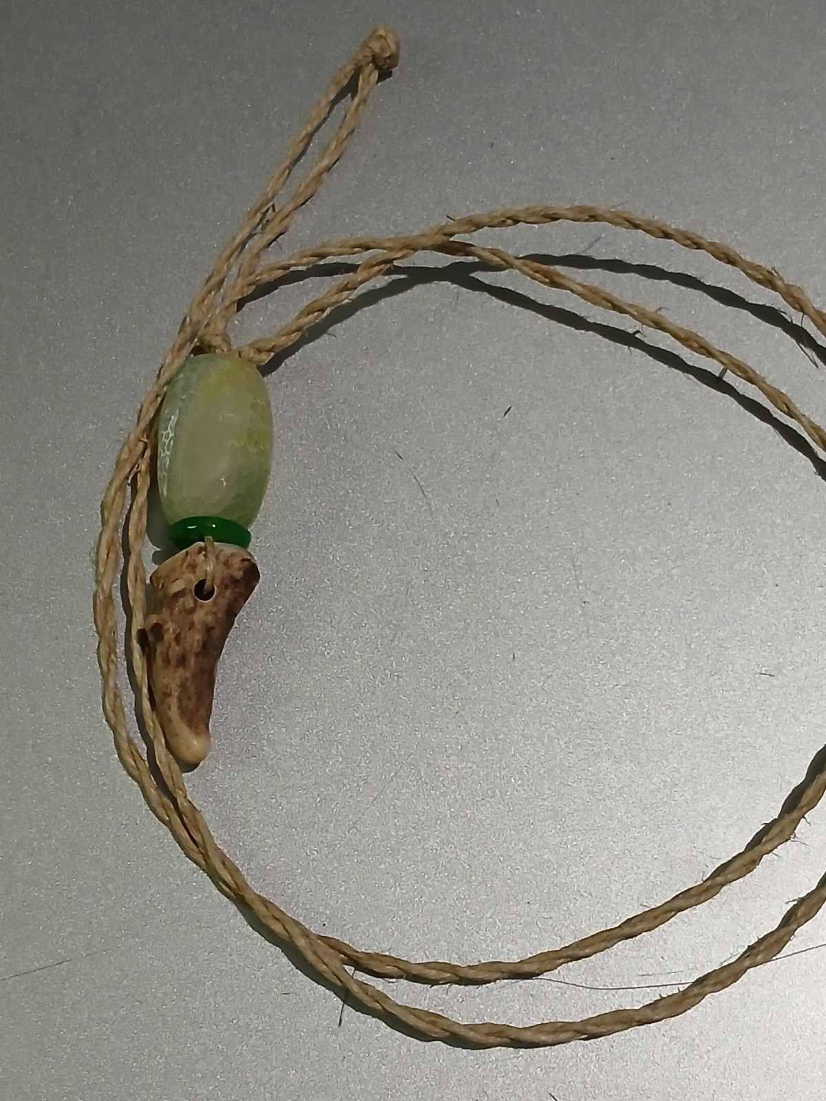 “Dragon Tooth – Dragon Egg” Necklace Hemp Cord Deer Tine, Agate Stone