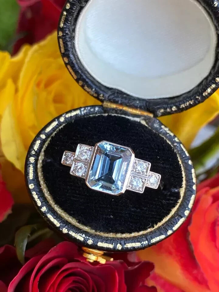 3Ct Aquamarine Art Deco Vintage Style & Lab-Created Diamond Wedding Silver Ring