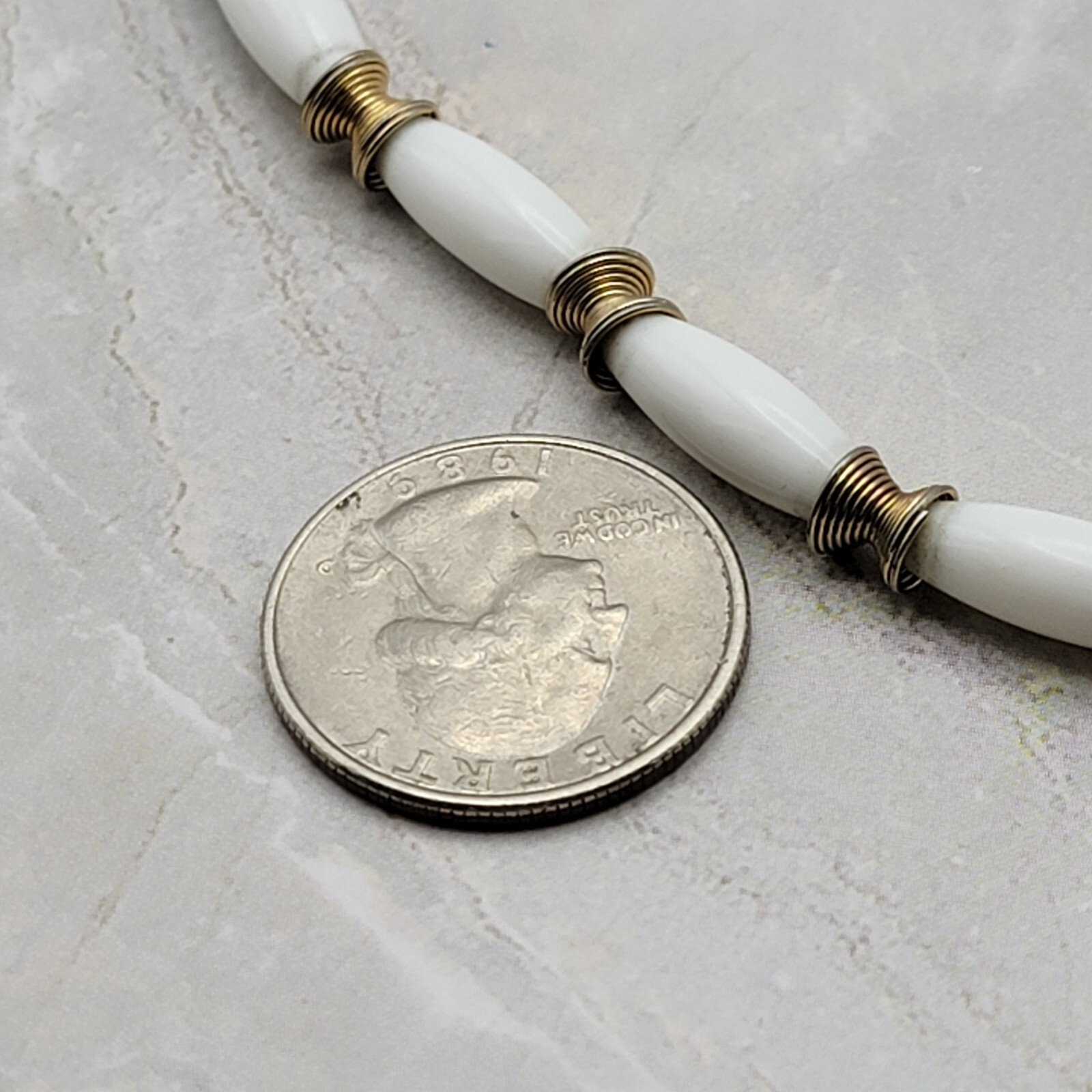 Vintage Trifari White And Gold Beaded Necklace 23.5 In Spring Ring Clasp Signed