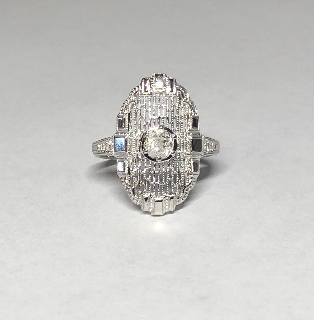 Vintage NOS 14KT White Gold 0.35 Carat Old Mine Cut Diamond Filigree Ladies Ring