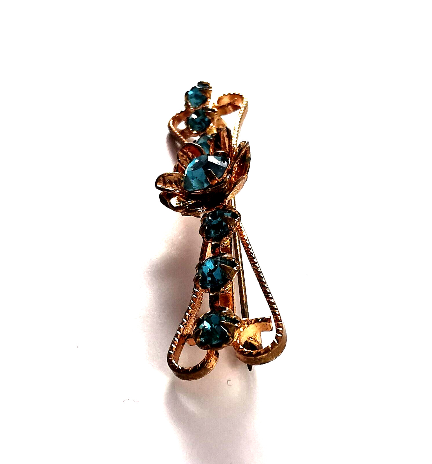 Vintage Brooch Czech Flower Blue Light Glass Rhinestones Gilded Brass Hand Work