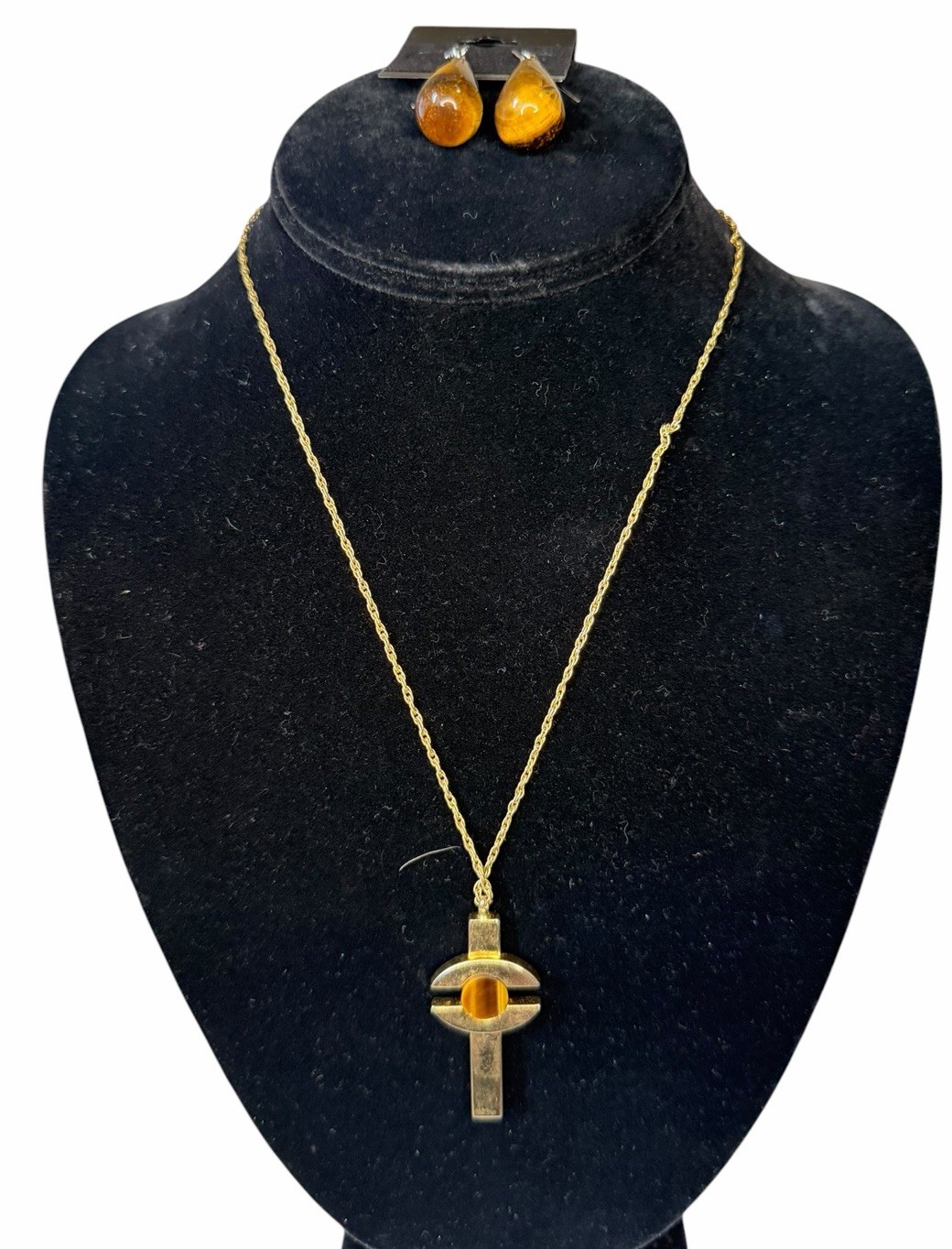 Vintage Whiting Davis Gold Tone Necklace with Tiger’s Eye & Tiger’s Eye earrings