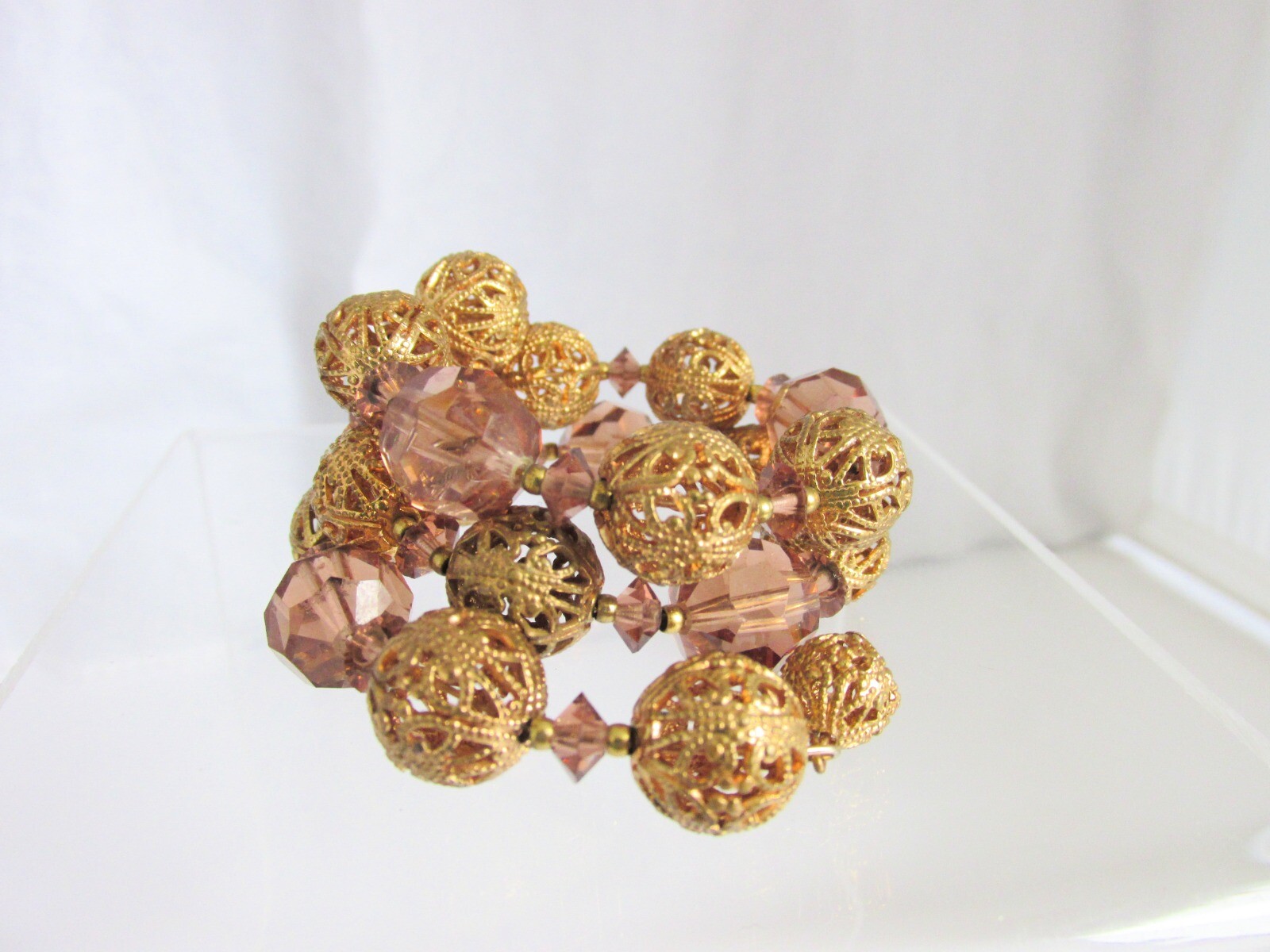 Vintage Topaz Glass Crystals & Gold Plate Filigree Metal Beads Wrap Bracelet