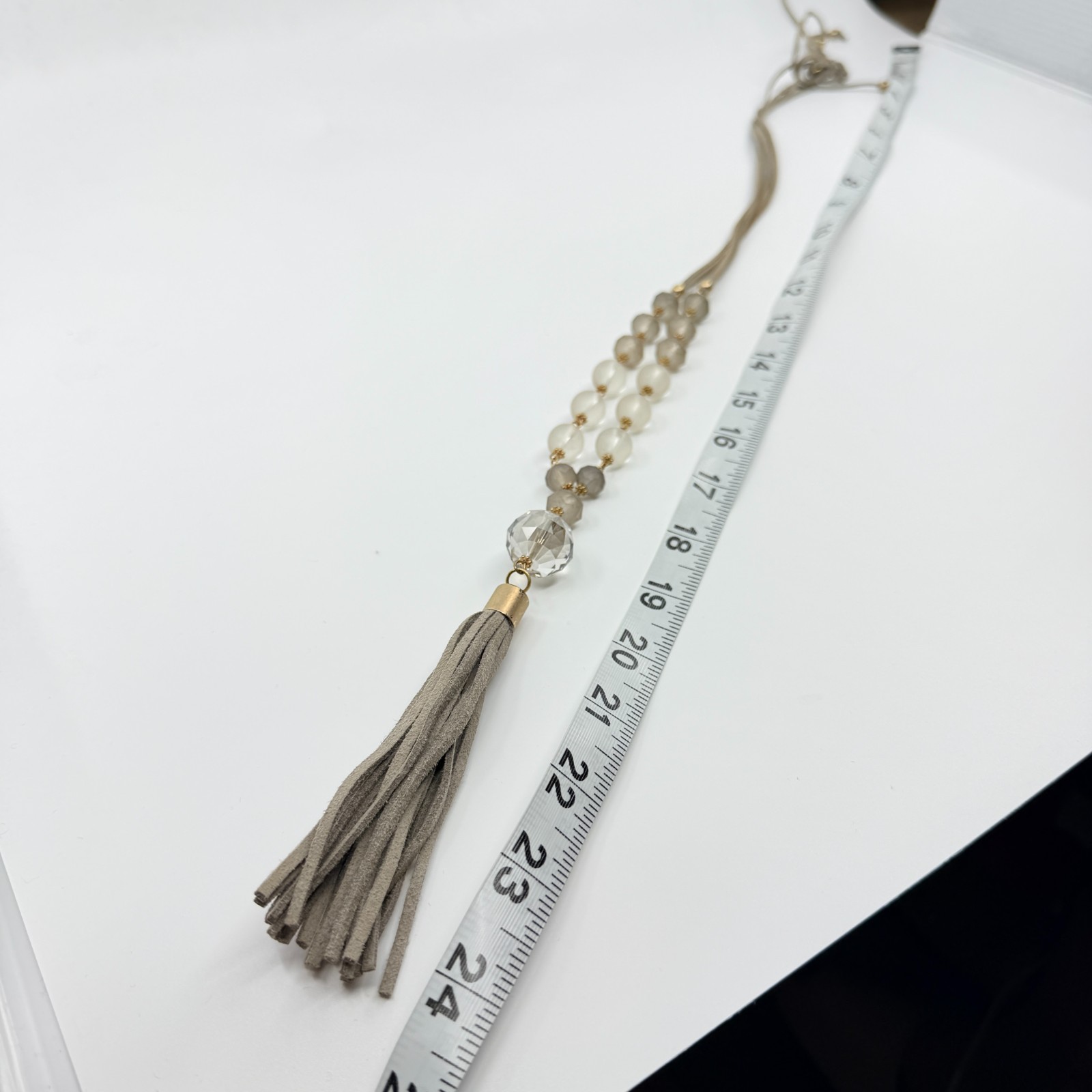 Vintage Boho Suede Tassel Pendant Necklace Gray Glass Beaded Long Statement