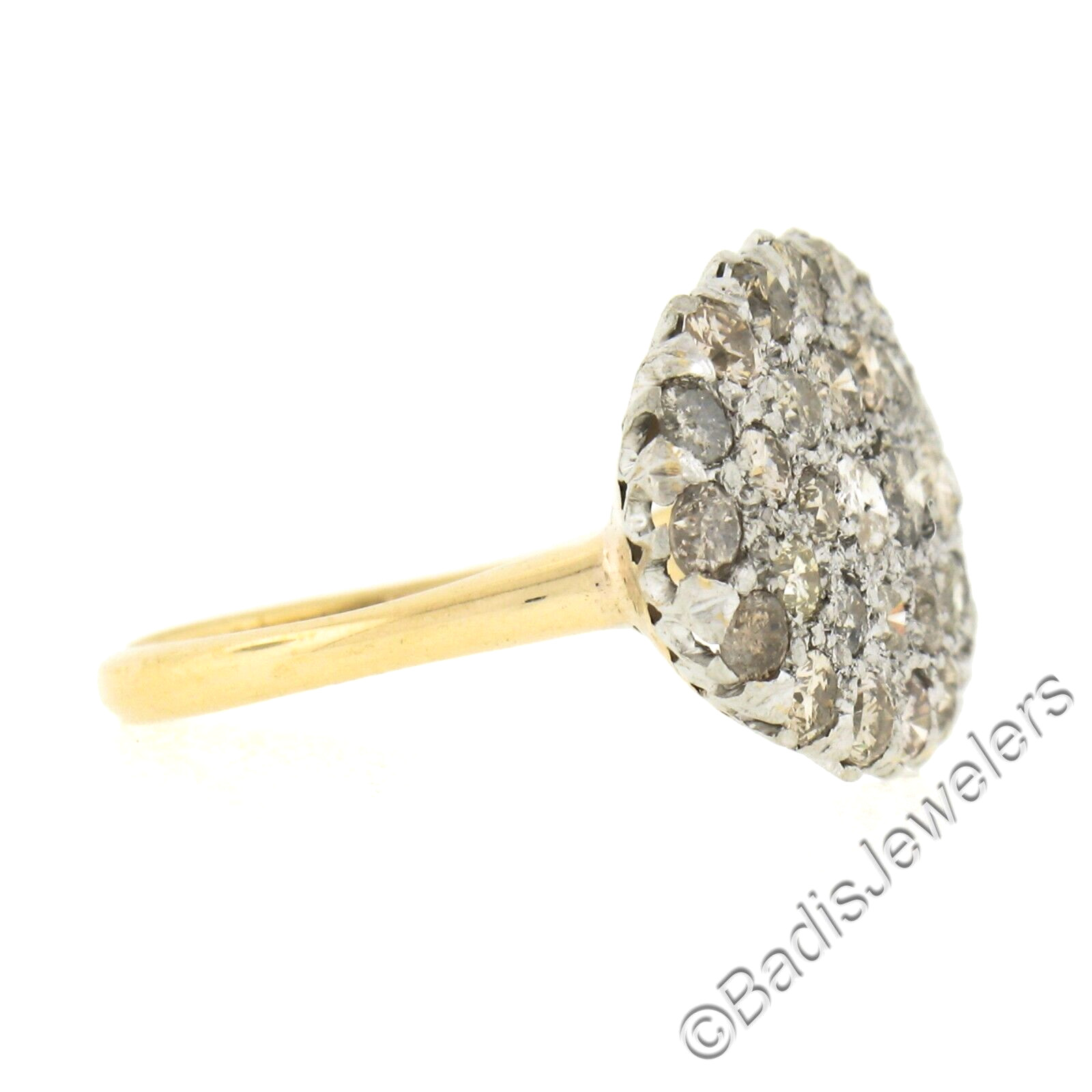 Victorian Revival Gold & Platinum Pave White & Champagne Diamond Platter Ring