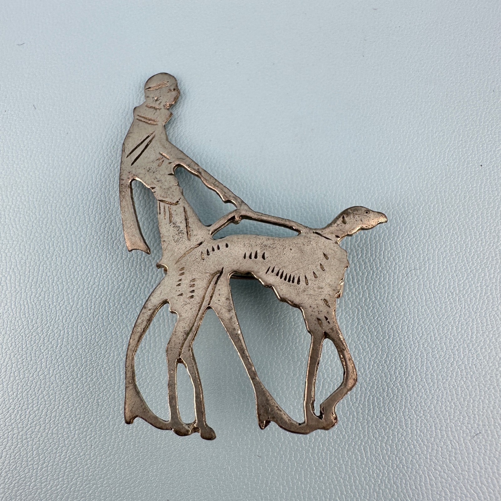 Vintage Brooch Vogue Magazine Art Deco Flapper Lady Walking Dog Silver Tone