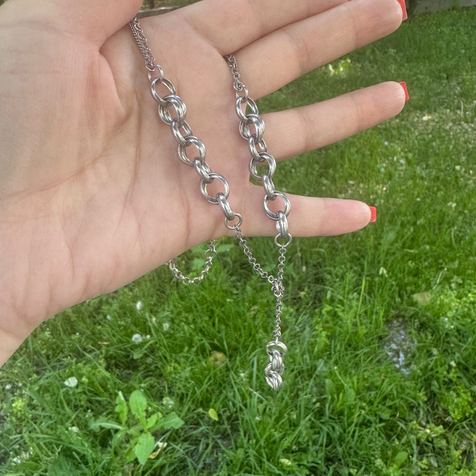 Vintage Italian Sterling Silver Lariat Double Link Rolo Chain Statement Necklace