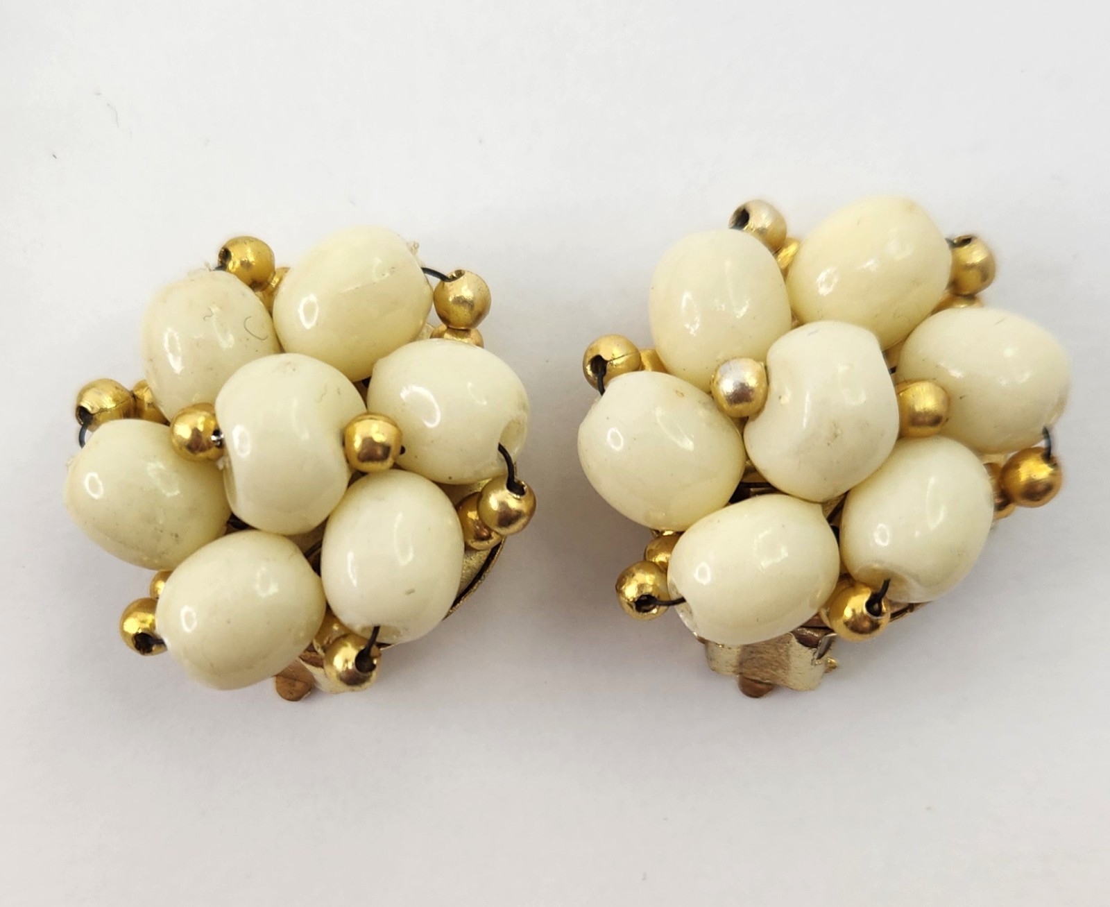 3 Strand Ivory and Gold Acrylic Bead Necklace Clip Earrings Set 1950s Hong Kong