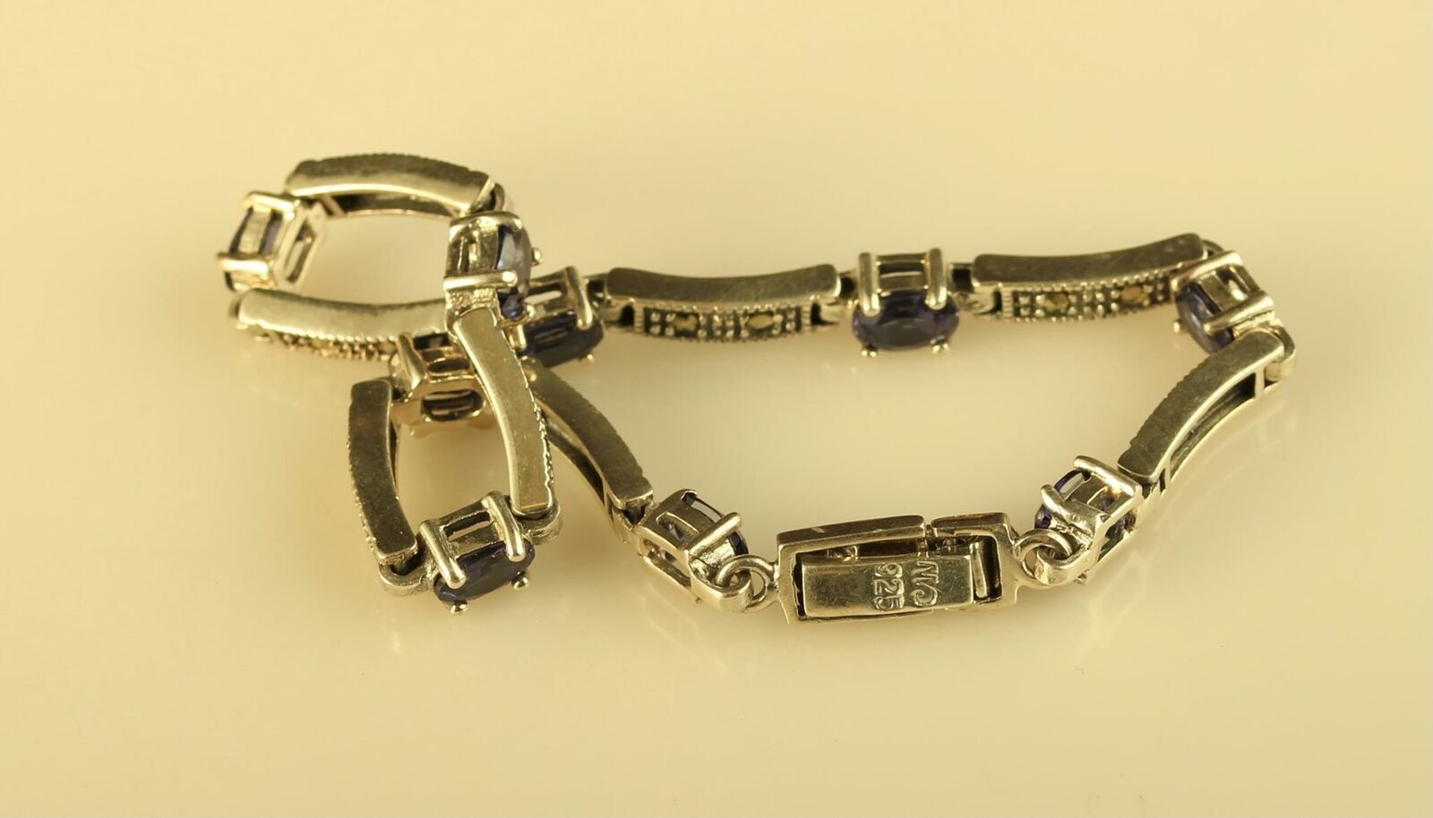 Vintage Sterling 925 CW Charles Winston Amethyst & Marcasite Panel Link Bracelet