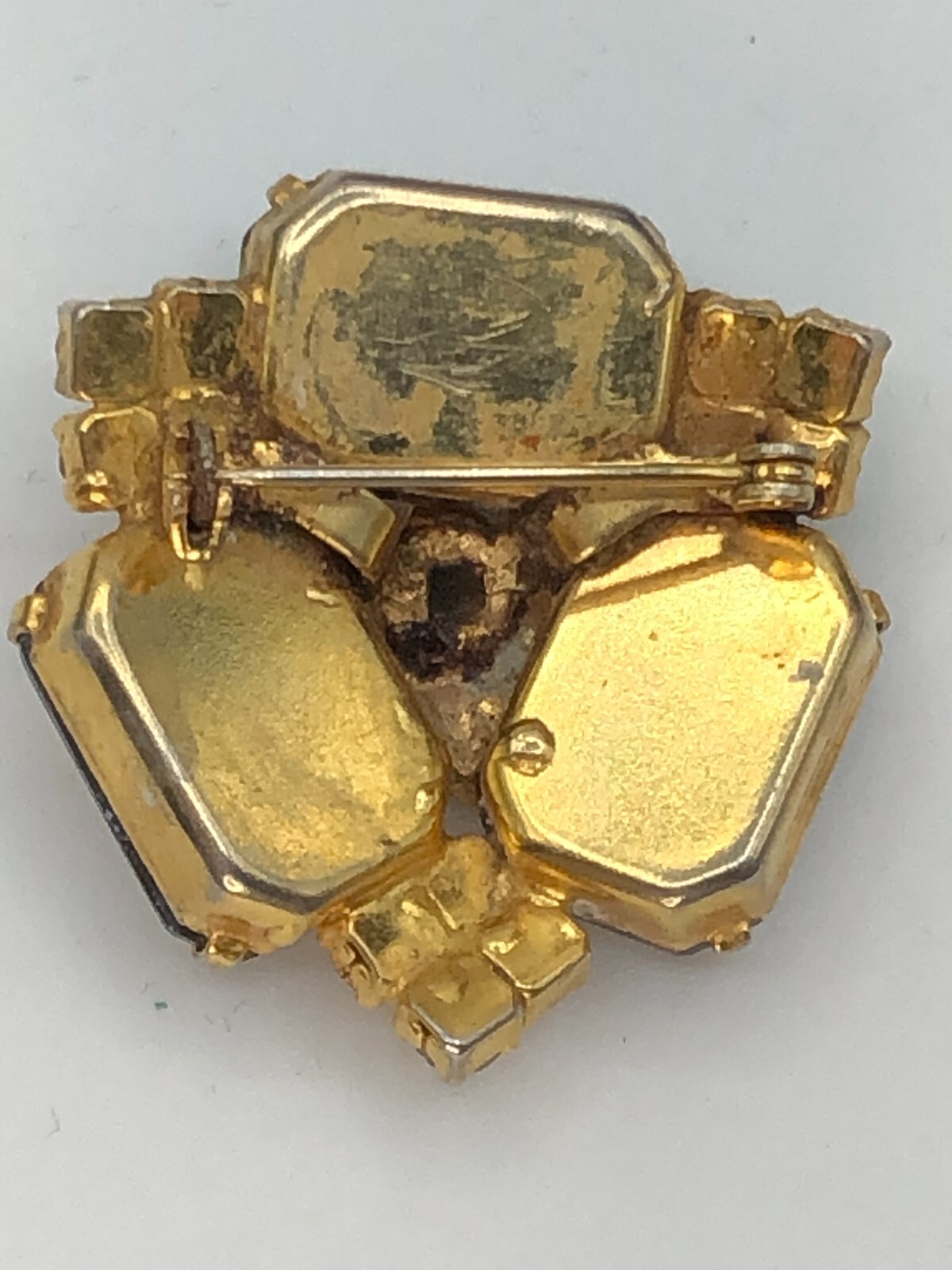 Vintage Gold Tone Amber Emerald Cut and Round Clear Rhinestone Brooch
