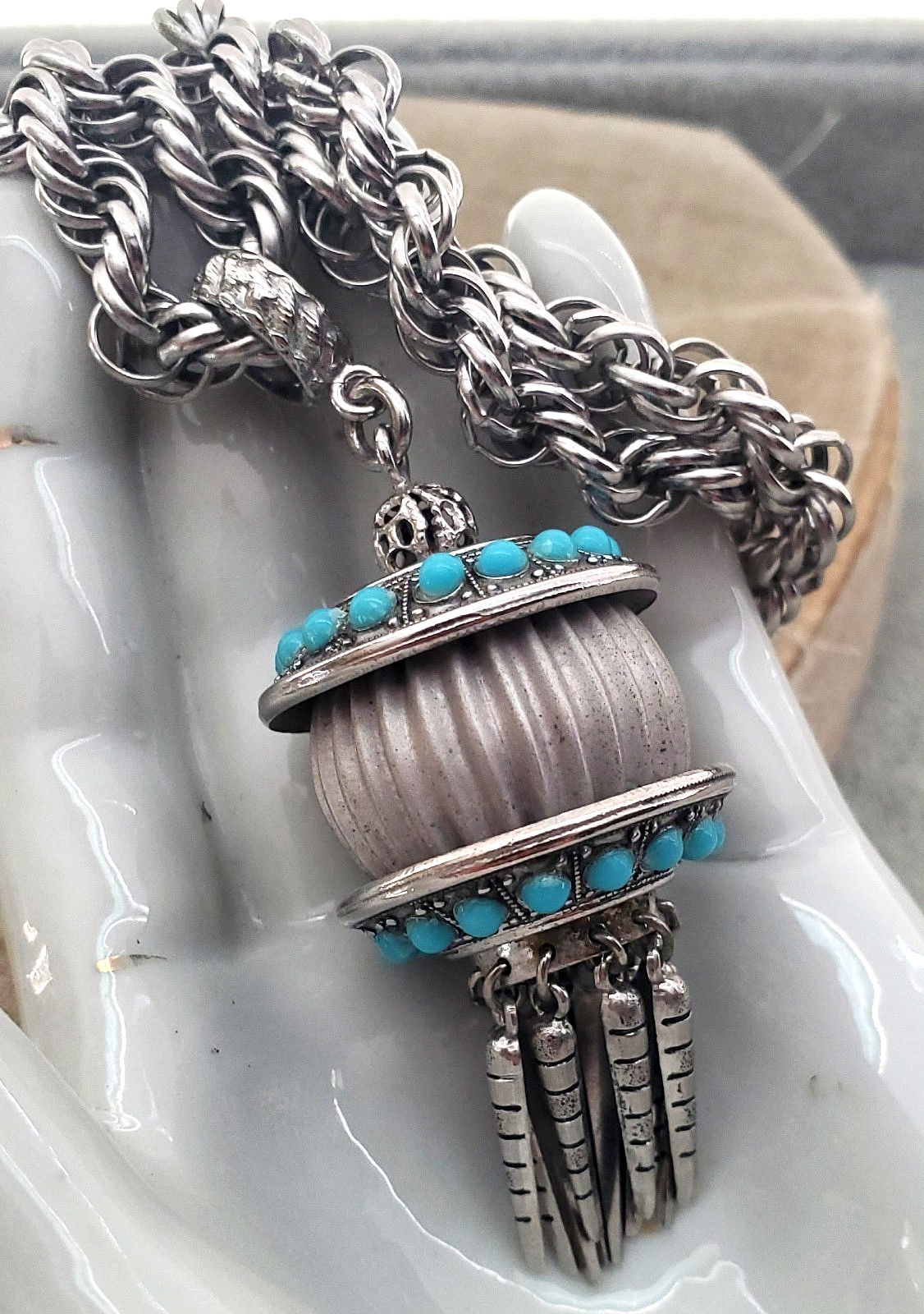 Vintage Victorian Revival Lantern Tassel Turquoise Glass Pendant Necklace