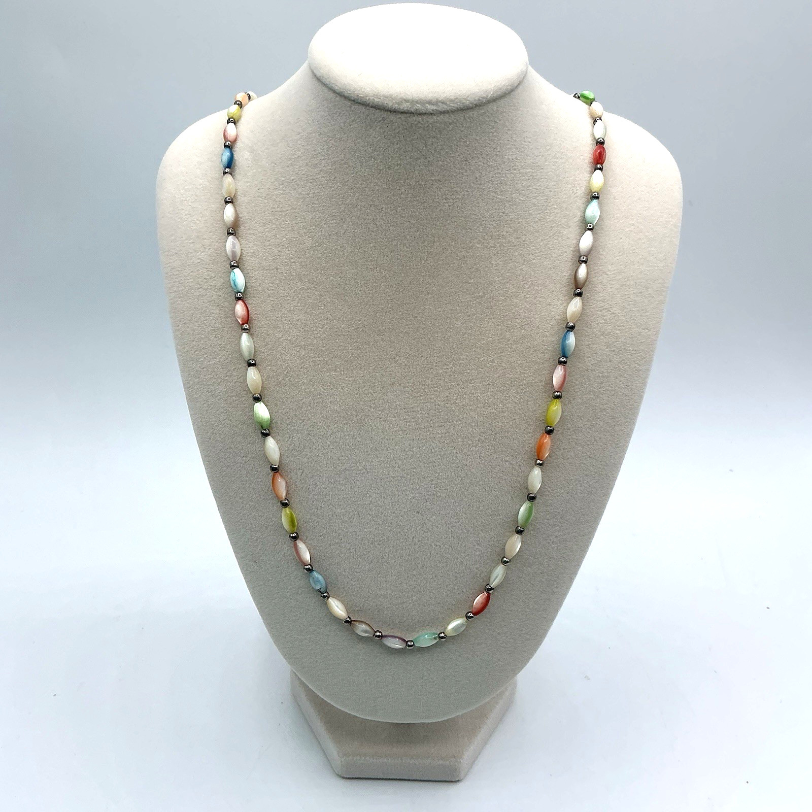 Vintage Multicolor Pastel Thin Bead 26″ Necklace Hook Clasp Blue Pink Yellow