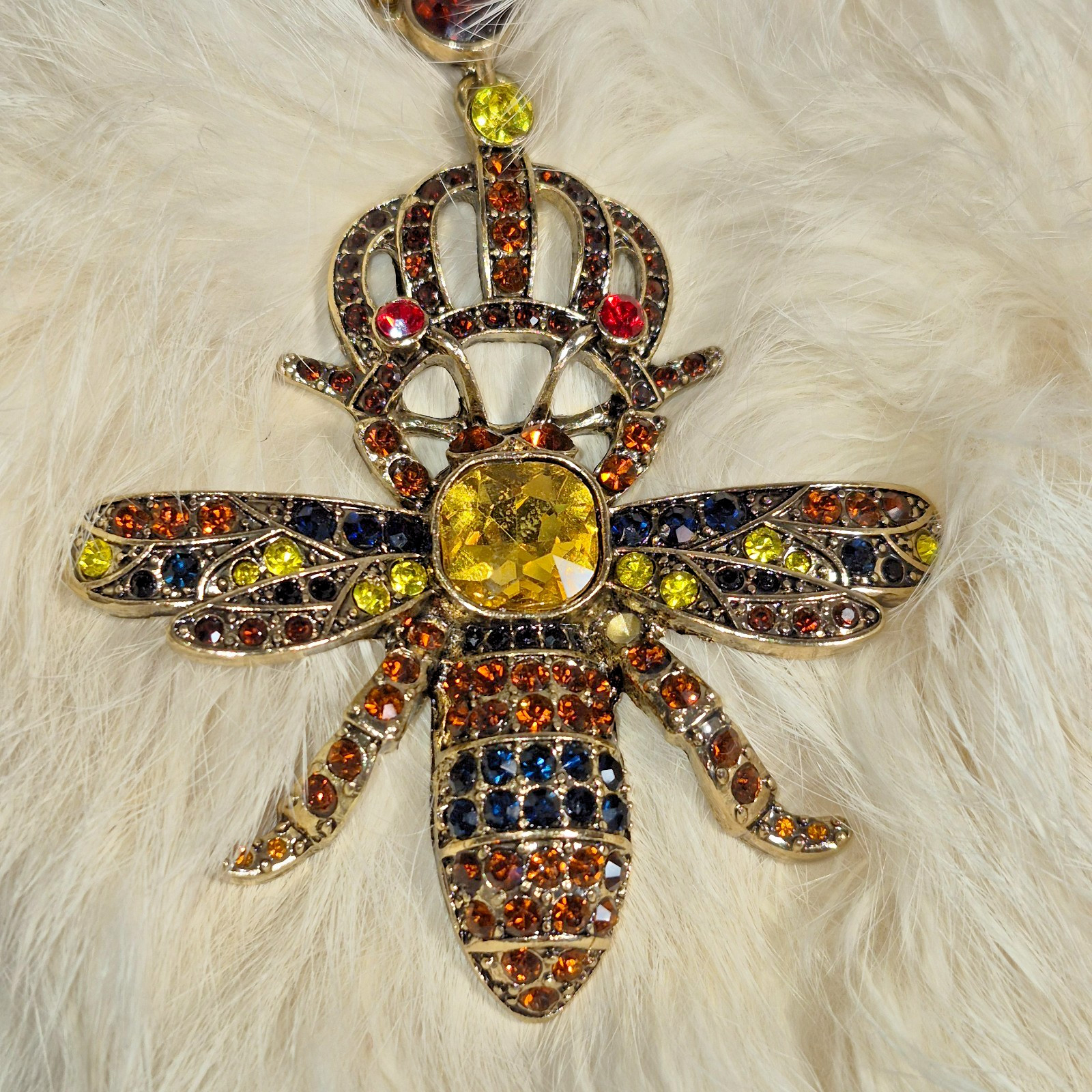 Vintage Inspired Art Deco Style Enamel Crystal Queen Bee Brooch with Glass Beads