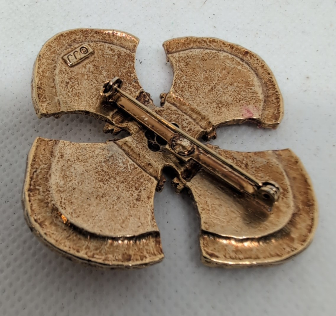Vintage JJ Jonette Jewelry Cross Brooch Pin Fuchsia Red Cabochon Gold Tone