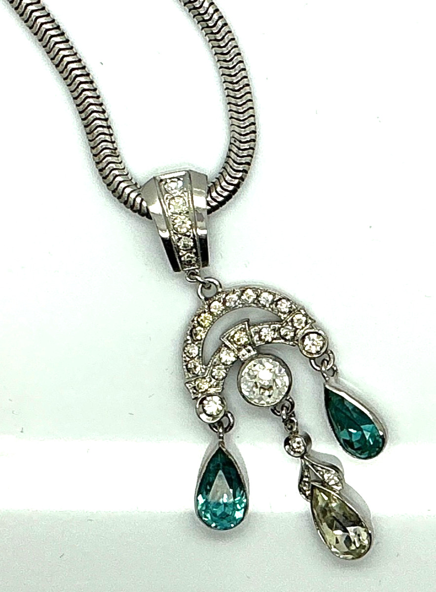GORGEOUS Edwardian Sterling Silver Blue Crystal Pendant Drop Necklace 16″ Long