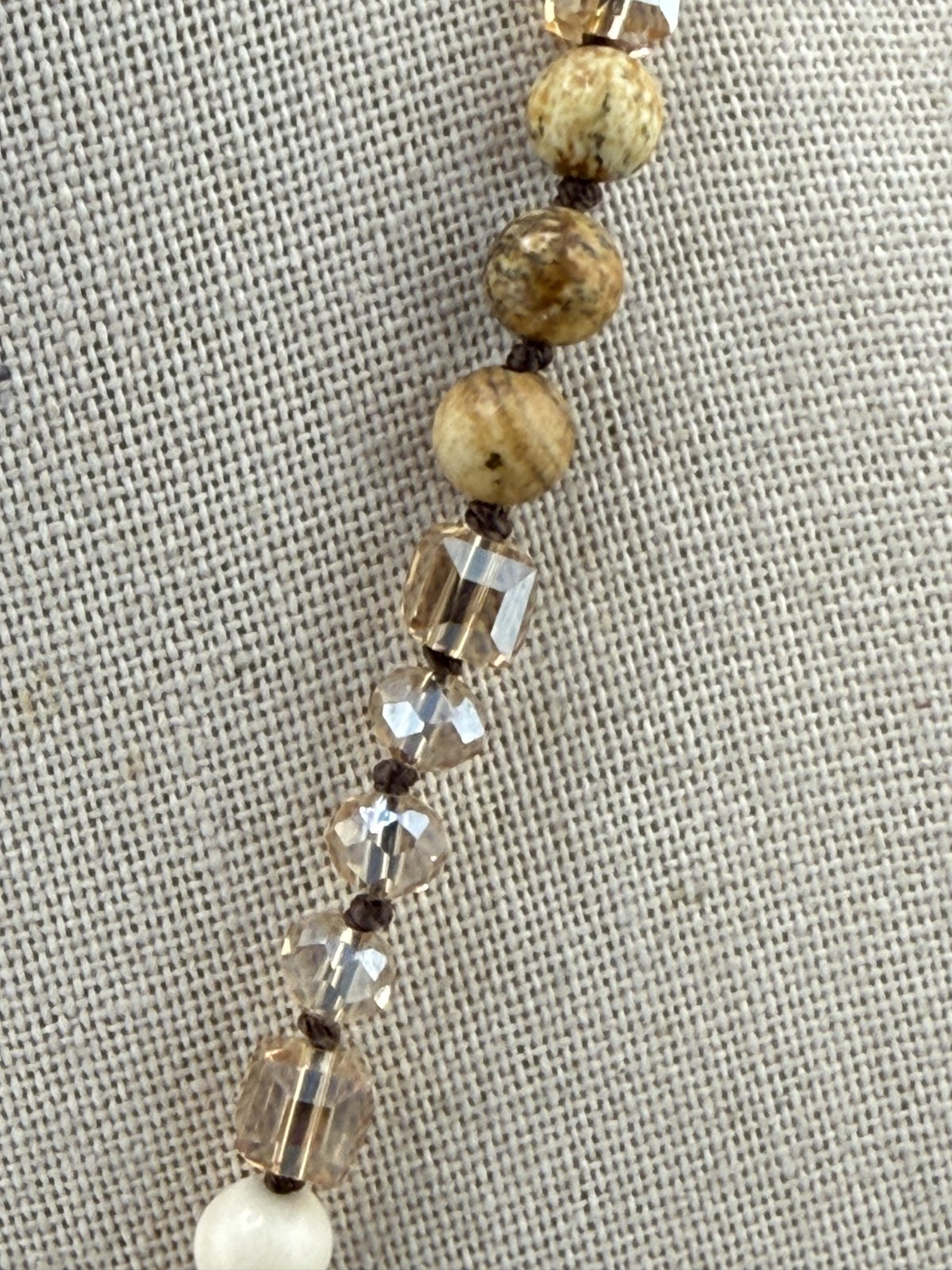 Bohemian Necklace Brown White Beads Carved Pendant Gold Tone 32″