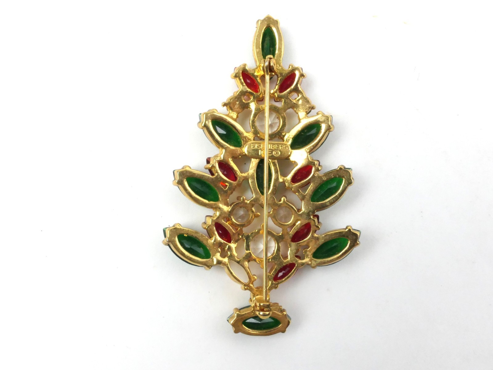 Vintage Eisenberg Ice Christmas Tree Brooch Pin Rhinestone Gold Red Green 2.75″