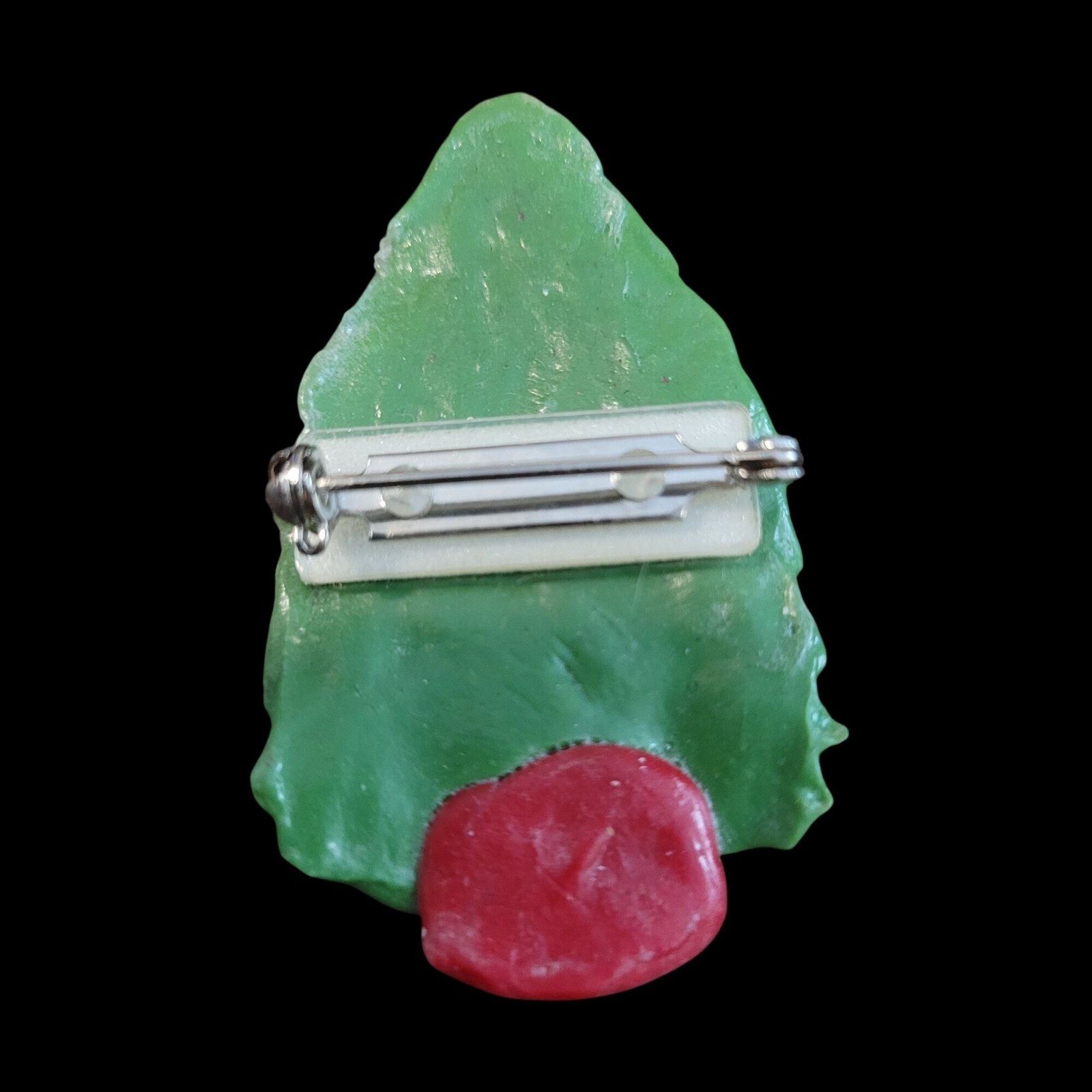 Vintage Plastic Clay Christmas Tree Brooch Pin With Red Baubles Safety Clasp 2″