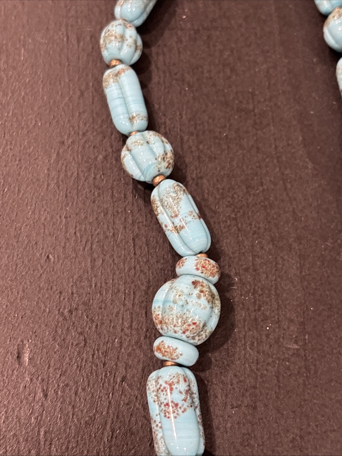Antique Faux Turquoise Slag Glass Bead Beaded 16 1/2″ Necklace Textured Beads