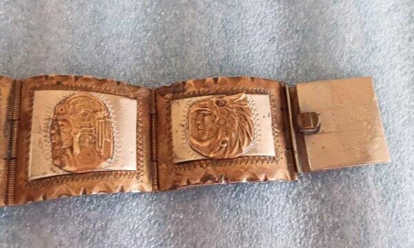 Vintage Mexico Sterling Silver Copper Panel Bracelet Mayan Calender Mixed Metal