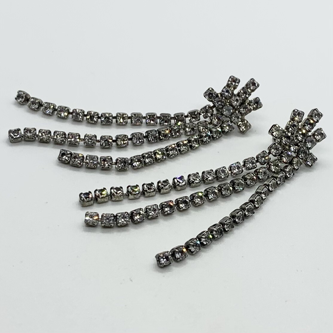 VTG ART DECO LONG CASCADING RHINSTONE SILVER POST DANGLE DROP EARRINGS FRINGE