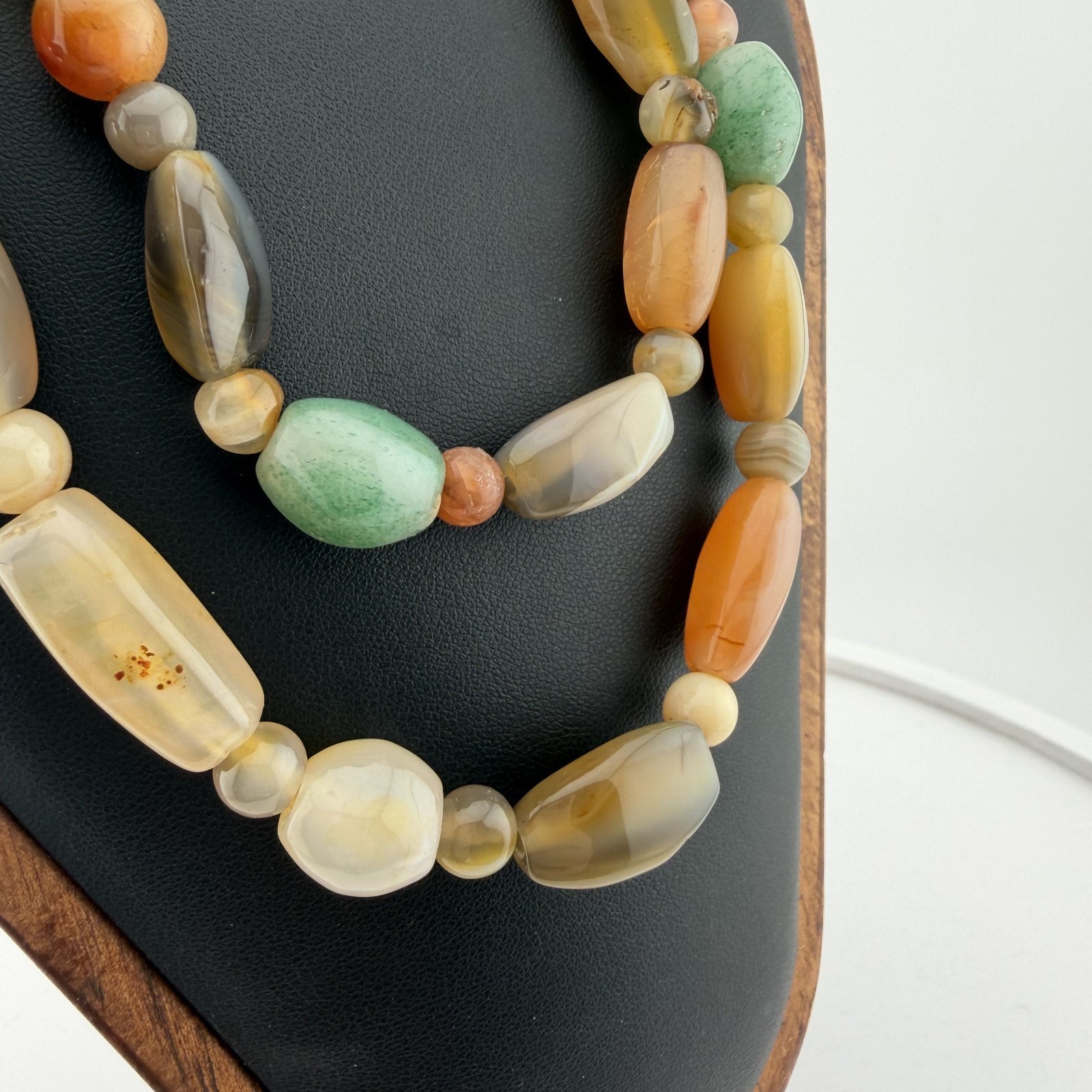 Vintage Beggar Beads Mixed Banded Agate Carnelian Stone Necklace Earthy Boho 17″