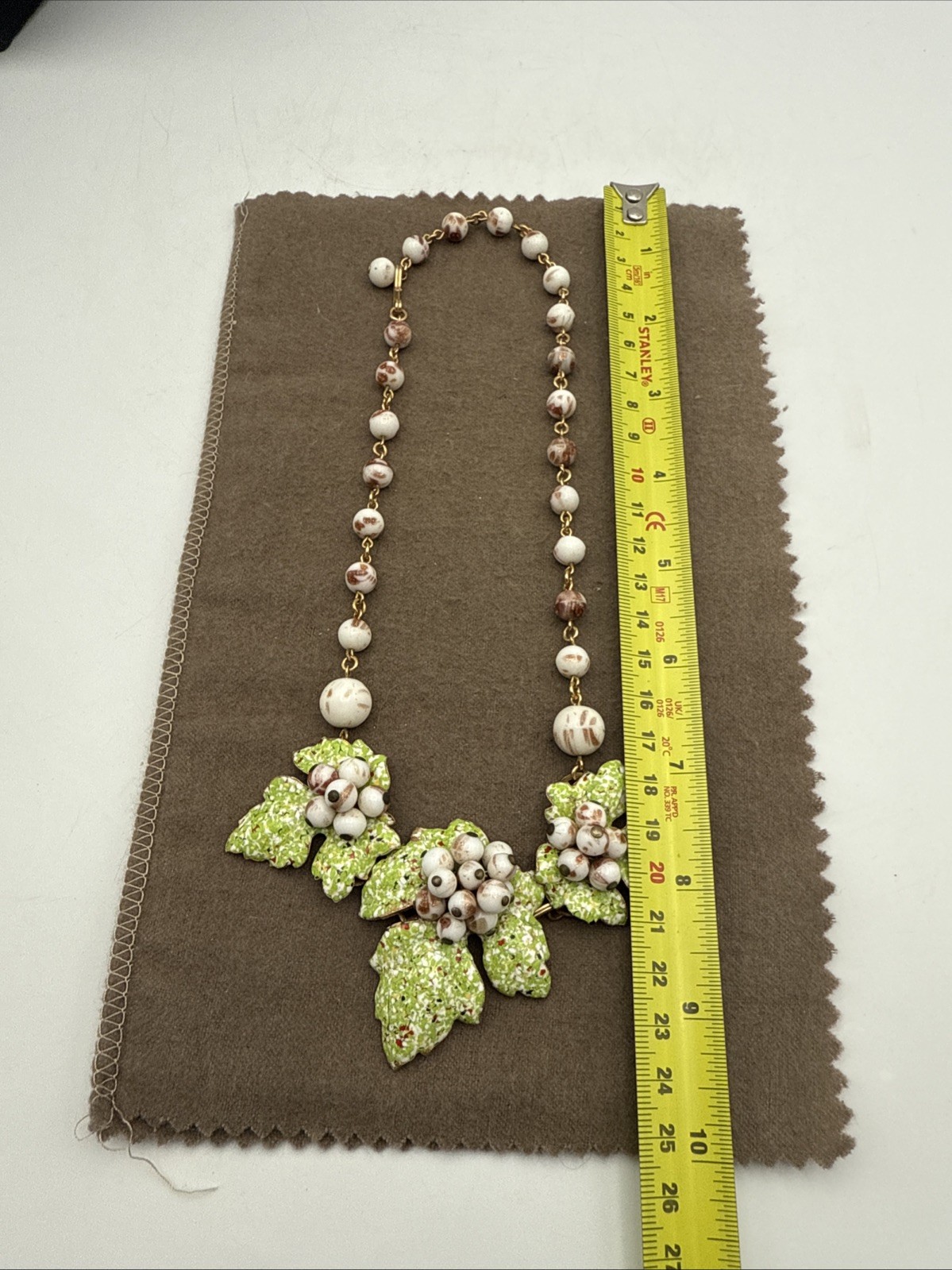 Vintage Metal Leaf Beaded Statement Necklace White Green