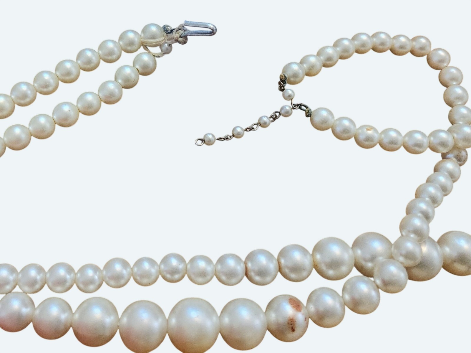 Vtg Double-Strand Graduated Faux Pearl Necklace Chain And Hook Clasp Adjustable
