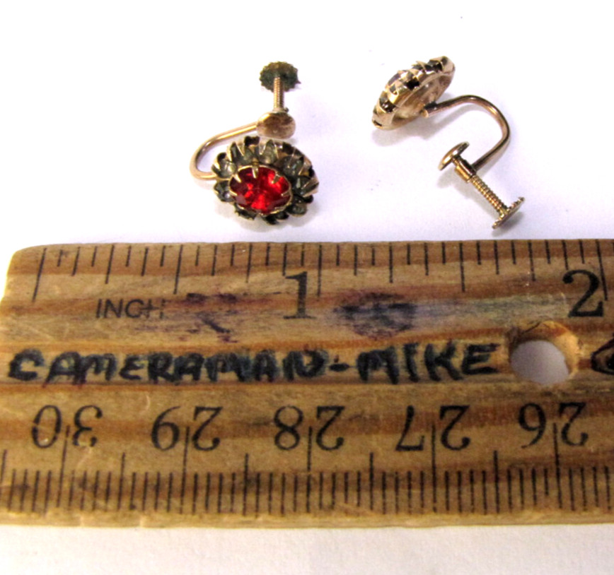 10K Screw Back Earrings Vintage Yellow Gold Red Rhinestone Stud Clip-On