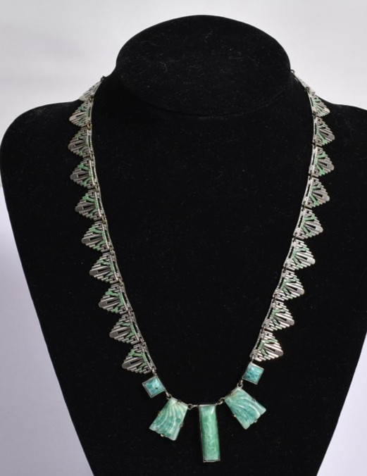 Vintage circa 1920 egyptian revival necklace carved green glass Germany