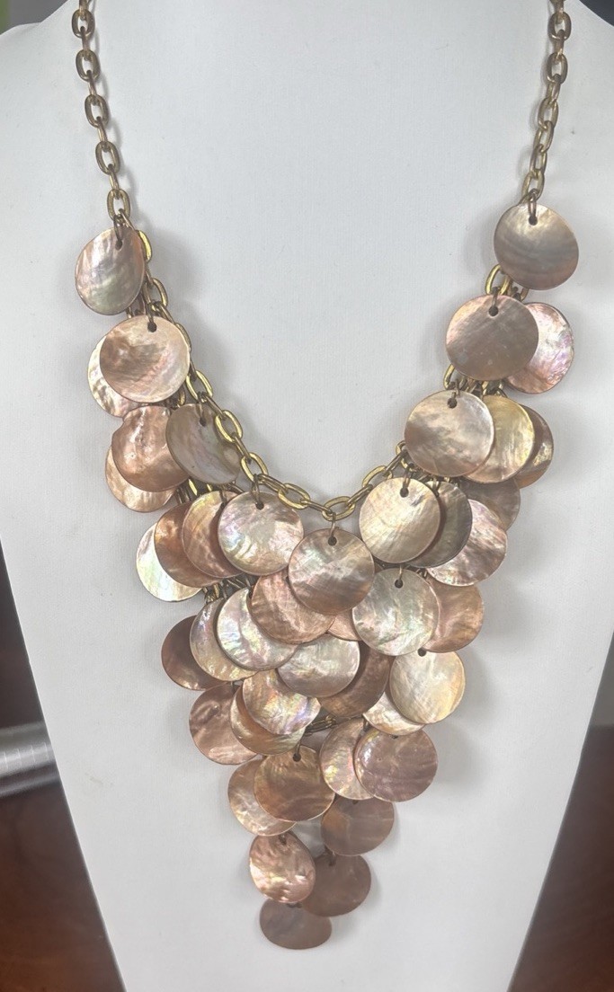Vintage Cascading Gold & Bronze Iridescent Shell Disc Statement Bib Necklace