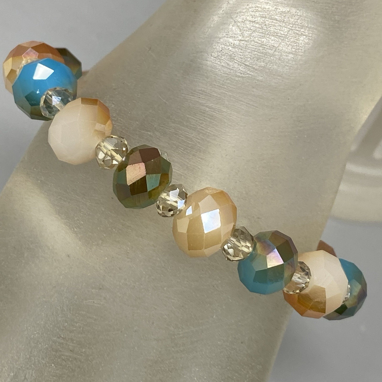 Glass Beaded Bracelet Blue Cream Gold Faceted Fire Polished Stretch Elastic 7″