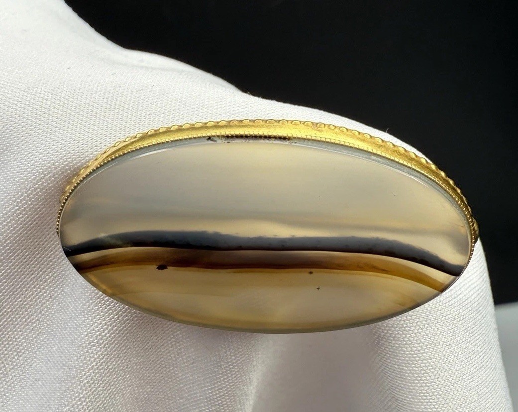 Brooch Pin Vintage Oval Banded Agate Gold Tone 4cm Long