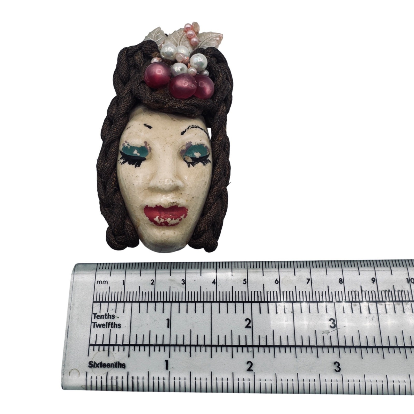 Elzac of Hollywood Victims of Fashion Ceramic Face Brooch Wood Back Vintage 1940