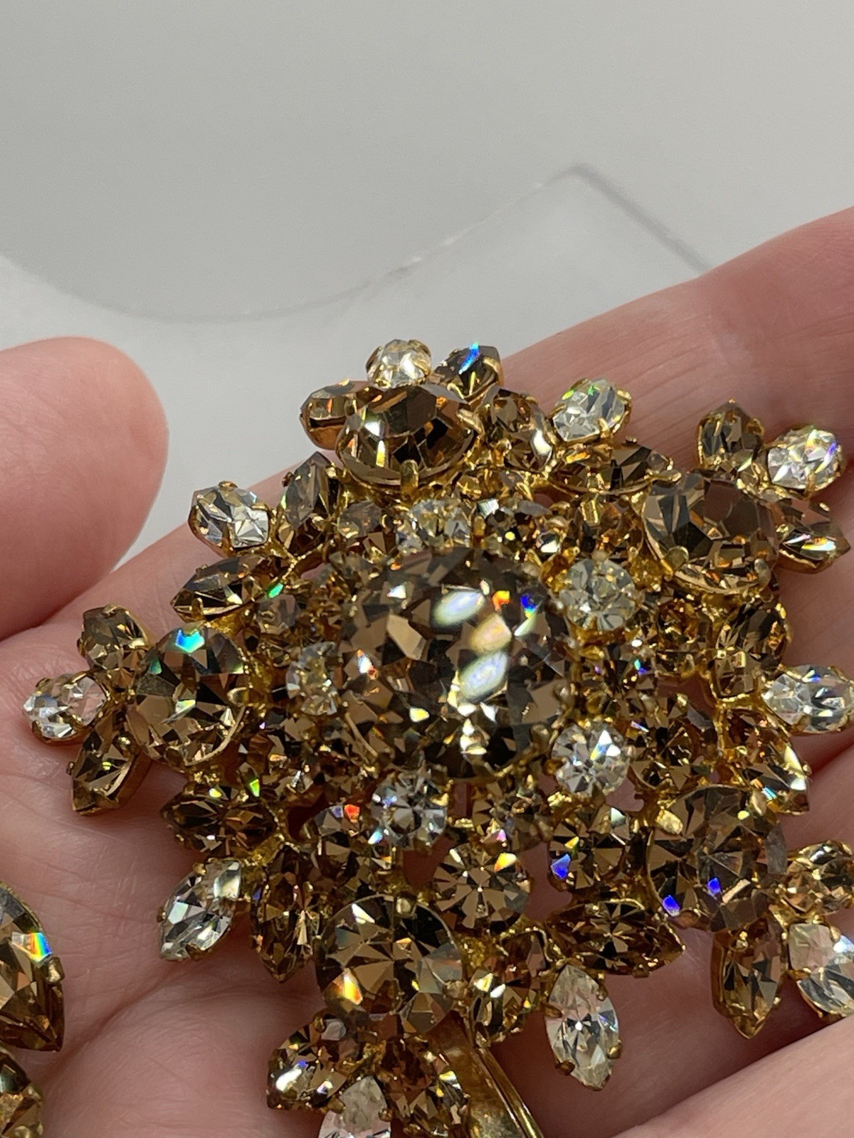 Vintage Austrian Signed Brooch And Earrings Featuring Topaz & Clear Rhinestones