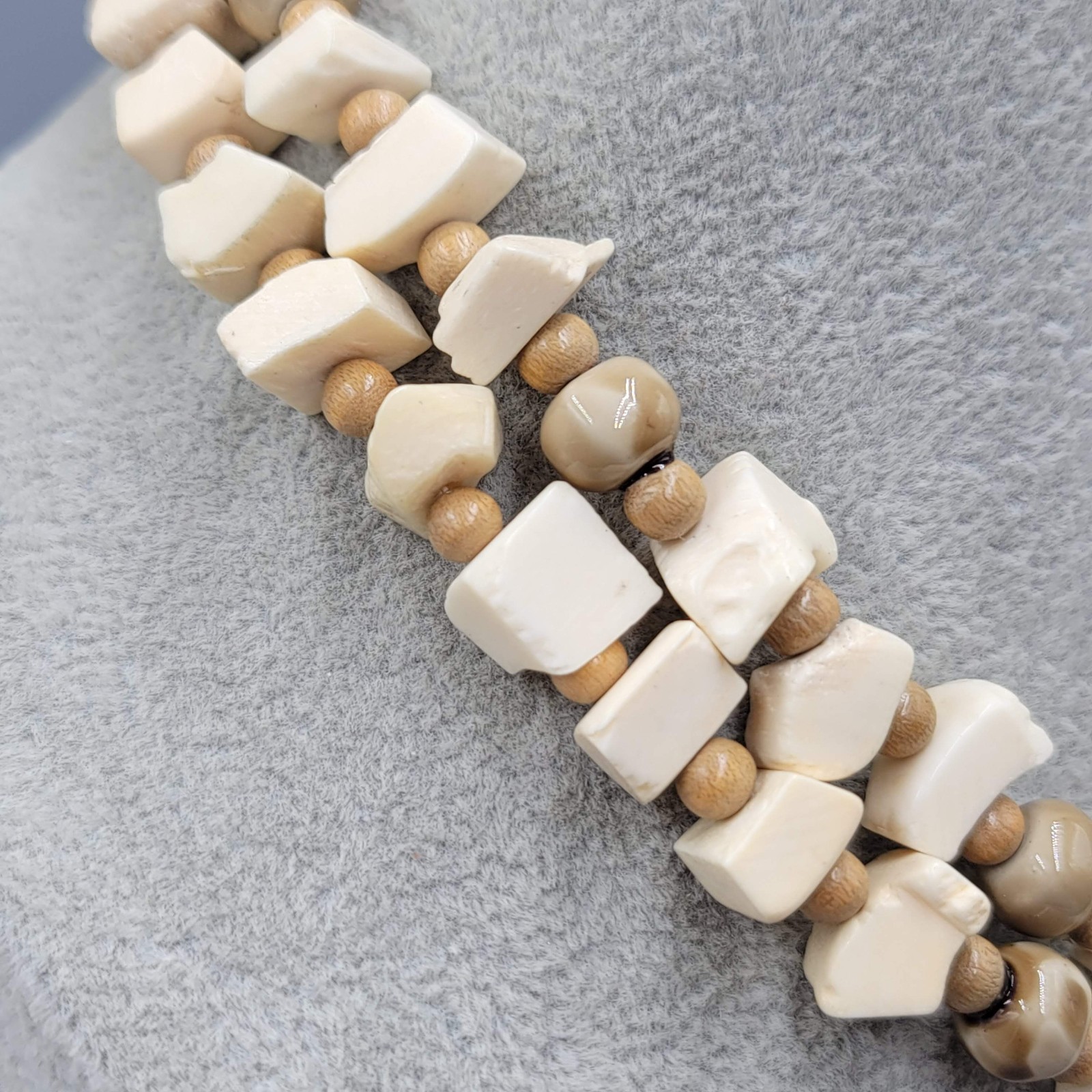 Vintage Bead Necklace Wood Ceramic Cow Bone Long 32″