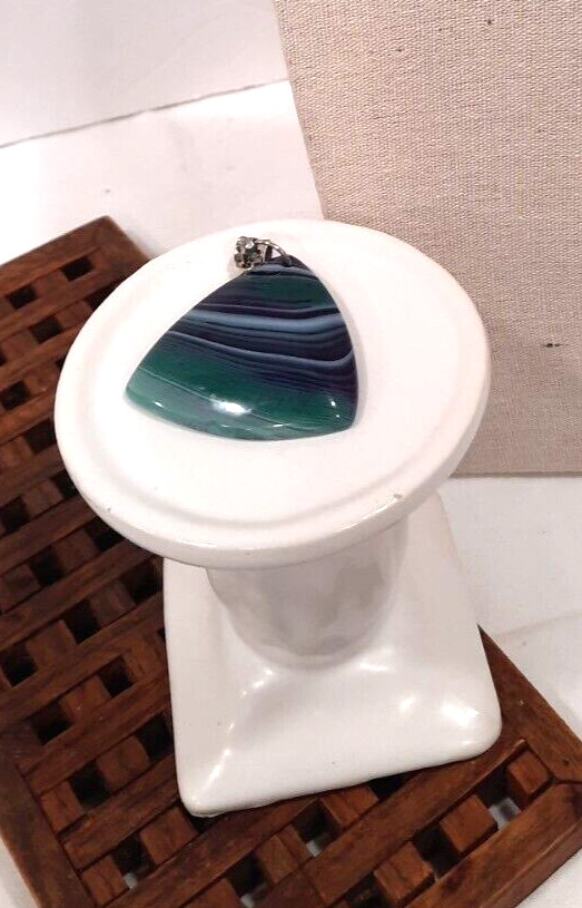 Artisan Stone Agate Striped Pendant Purple Green White on Silvertone slide 2″x2″