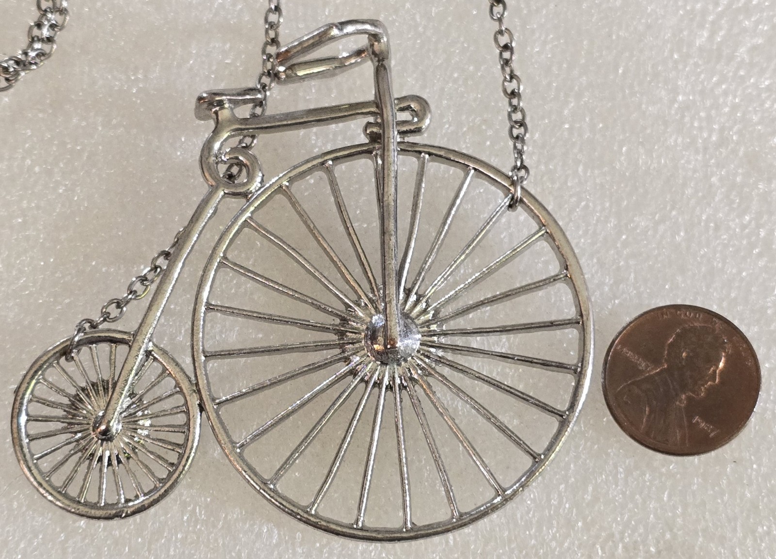 Vintage Old Fashioned Velocipede Bicycle Bike Silver Tone Pendant Necklace
