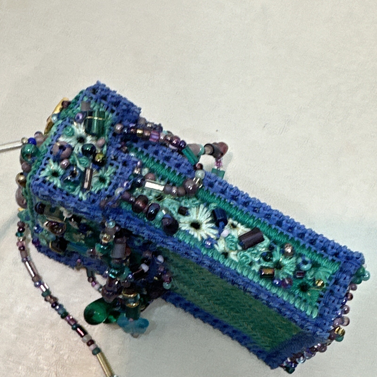 Vintage Handmade Blue Seed Bead Purse Necklace With Beaded Fringe-Bo Ho-Hippie